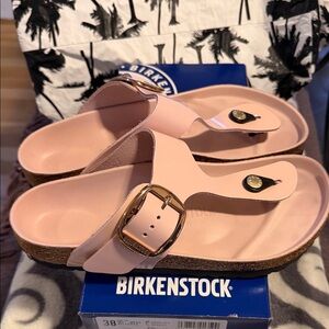 Birkenstock Pink Gizeh Sandals with Gold Buckle